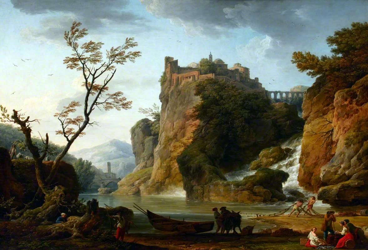  199-Un paesaggio fluviale con una cascata e un castello - National Trust 